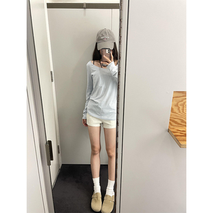上衣 韩系蓝色防晒罩衫 女2025新款 正肩长袖 t恤宽松显瘦纯棉打底衫