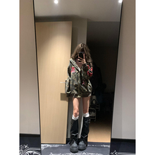 美式复古迷彩高街长袖连帽卫衣女春秋小众设计感宽松慵懒开衫外套