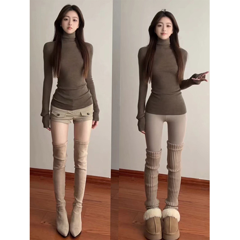 咖色高领磨毛保暖内搭打底衫女