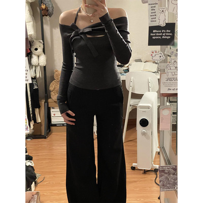 灰色一字肩蝴蝶结针织衫女秋冬季