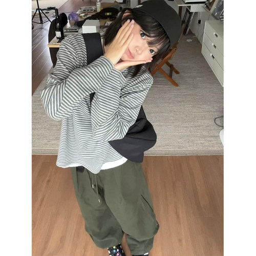美式复古条纹亨利领长袖t恤女秋