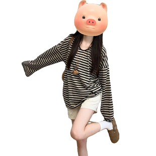 慵懒风条纹喇叭防晒长袖t恤女夏季薄款oversize宽松显瘦罩衫上衣