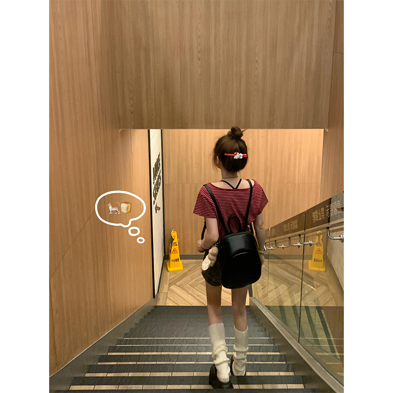 红白条纹大领口短袖t恤女夏季