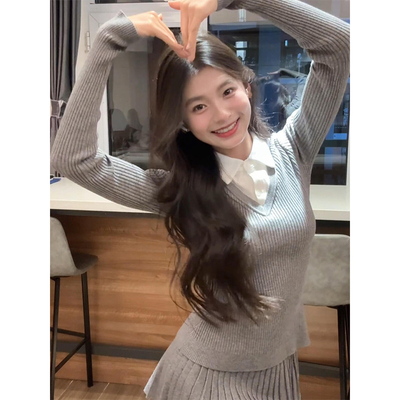韩系学院风拼接假两件针织衫女秋