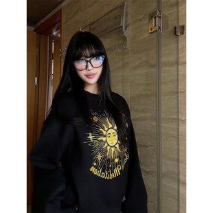 美式 复古百搭加绒无帽上衣 太阳神图腾印花圆领卫衣女2025秋冬新款