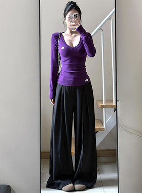 韩系纯欲紫色长袖t恤女早春季2025新款修身收腰性感辣妹内搭上衣