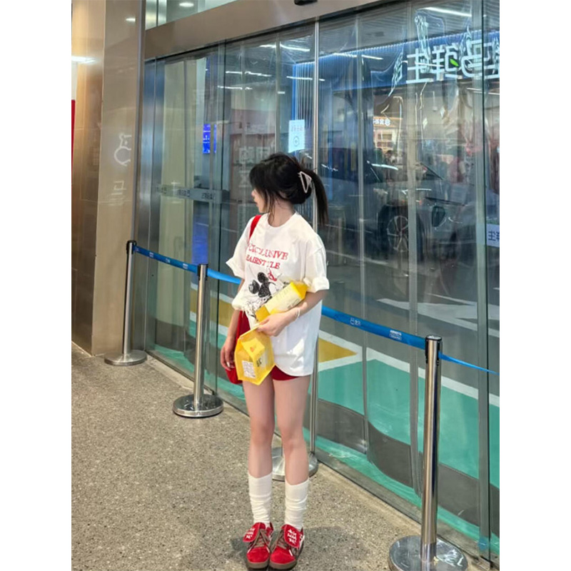 米奇卡通印花白色纯棉短袖t恤女