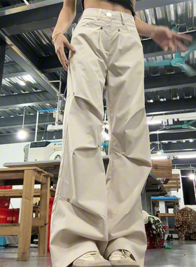 美式白色工装裤女夏季2024新款薄款高腰宽松小个子直筒阔腿休闲裤