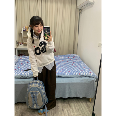 撞色波点贴布刺绣连帽卫衣女冬季