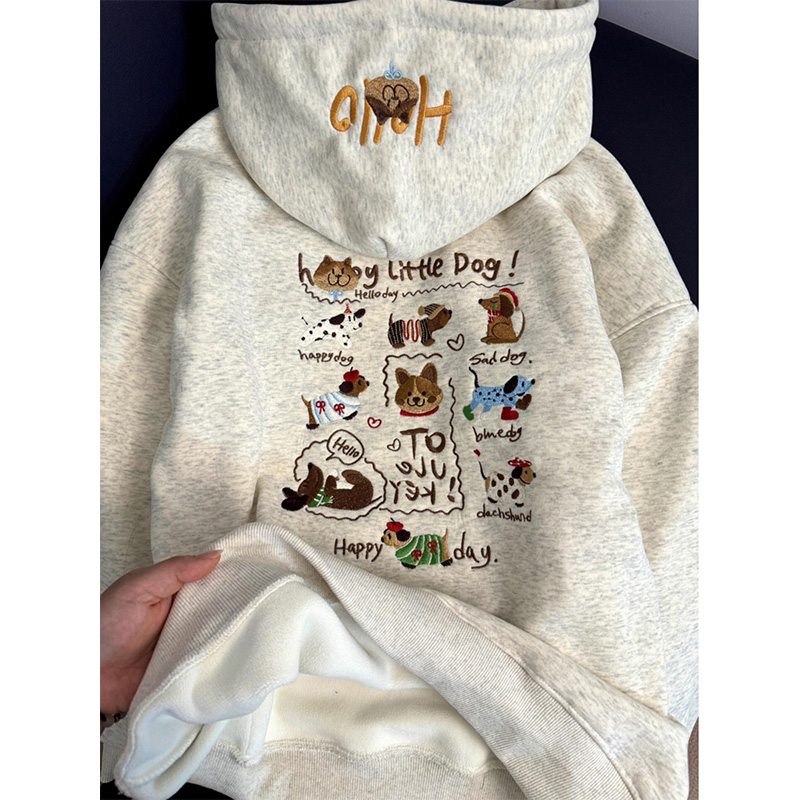 美式重工小狗刺绣连帽卫衣女秋冬