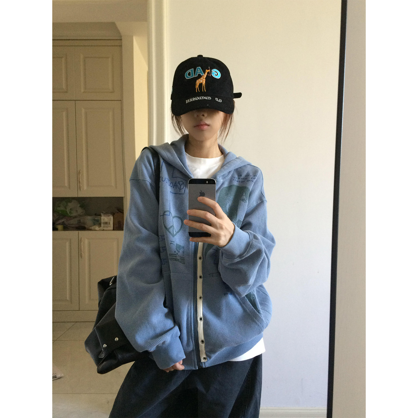 美式高街涂鸦华夫格连帽卫衣外套女秋季新款宽松慵懒休闲潮牌上衣