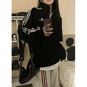 美式 复古立领条纹运动卫衣女秋冬加绒加厚oversize高街情侣装 上衣