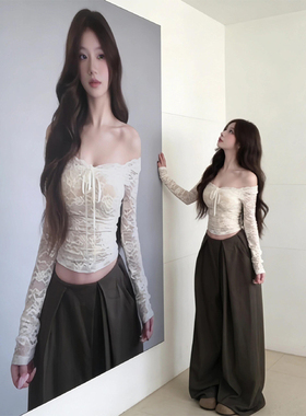 纯欲风紧身v领蕾丝衫上衣女秋冬新款白色内搭收腰性感打底衫上衣