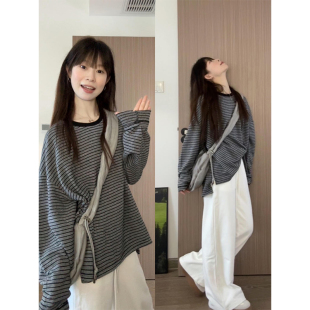 韩系chic慵懒风条纹长袖t恤女早秋2024新款宽松显瘦百搭撞色上衣