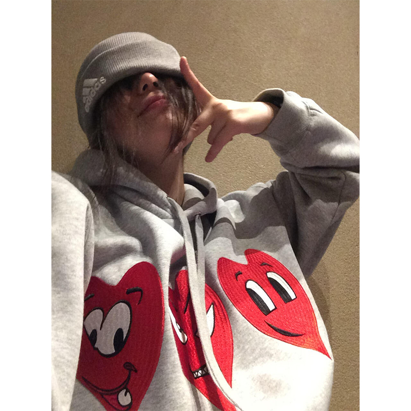 国潮牌恶搞爱心刺绣连帽卫衣女秋冬加绒加厚oversize慵懒情侣外套