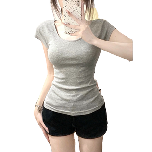 正肩短袖u领t恤女夏季2025新款纯棉修身收腰低圆领基础款百搭上衣