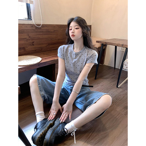 美式波点正肩短袖灰色t恤女夏季