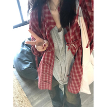 新中式复古红色格子短袖衬衫女夏季设计感小众宽松衬衣慵懒风外套