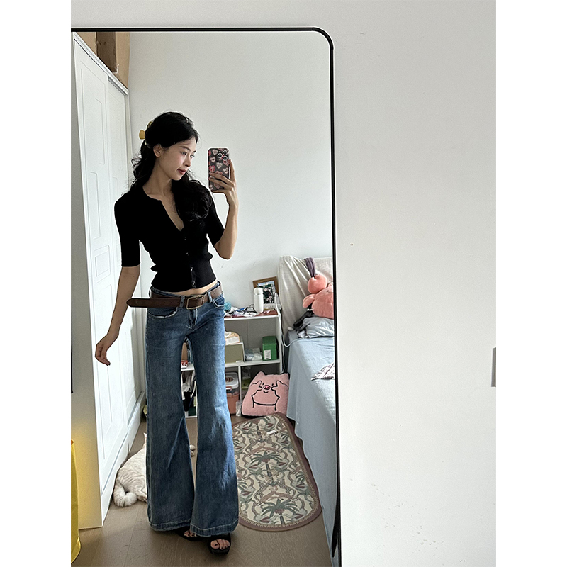 美式复古辣妹低腰微喇牛仔裤女夏