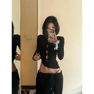 美式辣妹黑色镂空两穿长袖t恤女