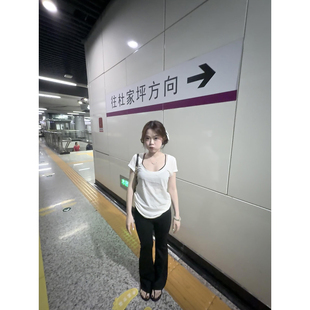 白色莱赛尔豹子印花u领短袖t恤女2026夏季新款设计感收腰修身上衣
