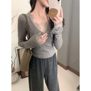 纯欲辣妹v领德绒打底衫女秋冬蕾丝内搭保暖加厚修身性感长袖上衣