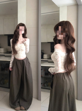 纯欲风白色v领蕾丝衫长袖t恤女秋冬设计感收腰带胸垫打底衫上衣