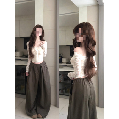 纯欲风白色v领蕾丝衫长袖t恤女