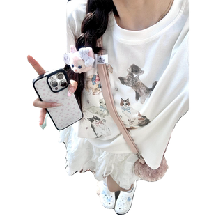 白色小狗猫咪正肩宽松短袖t恤女夏季2024新款镶钻设计感小众上衣