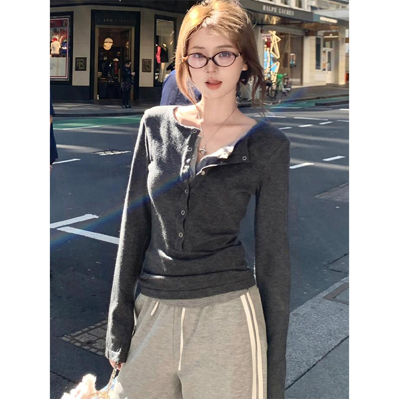 美式撞色拼接半开领长袖t恤女秋