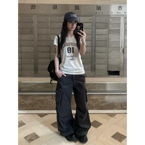 美式复古刺绣字母正肩短袖t恤女