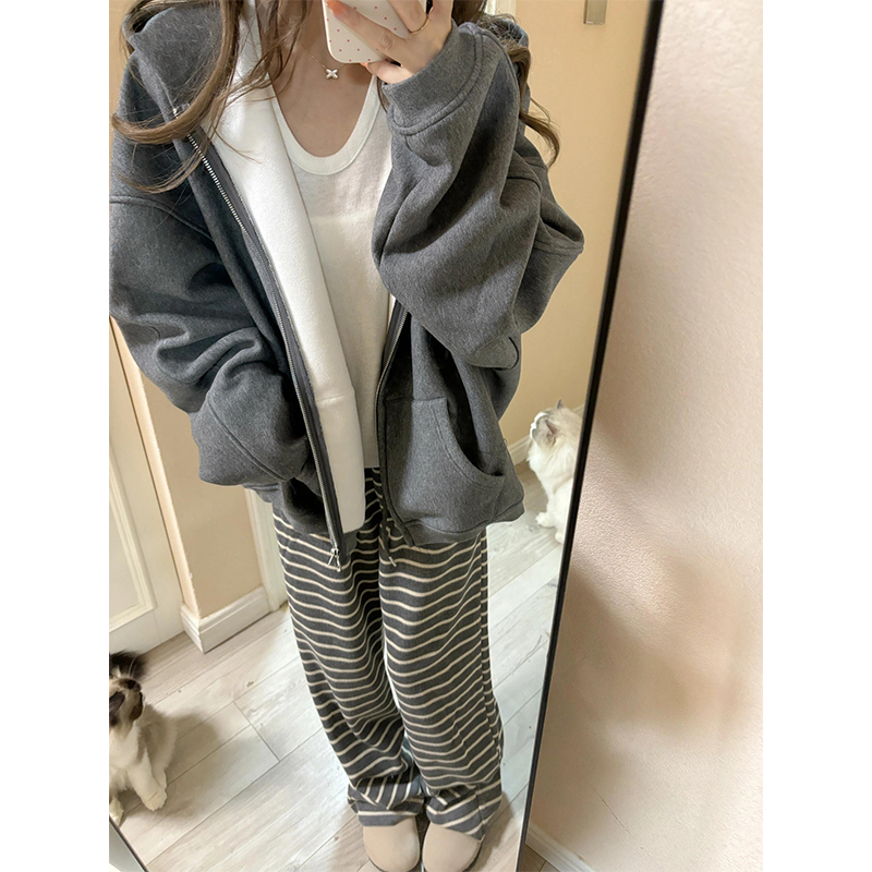 慵懒松弛感空气棉开衫连帽卫衣女