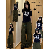 美式 显瘦露肩收腰上衣 高级感修身 辣妹斜肩数字印花短袖 t恤女夏季