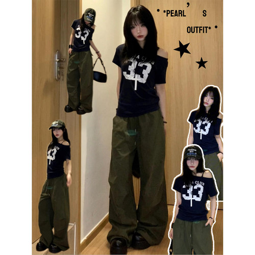 美式辣妹斜肩数字印花短袖t恤女