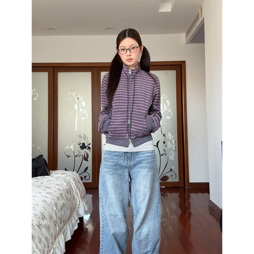 韩系紫色条纹拉链卫衣外套女春季