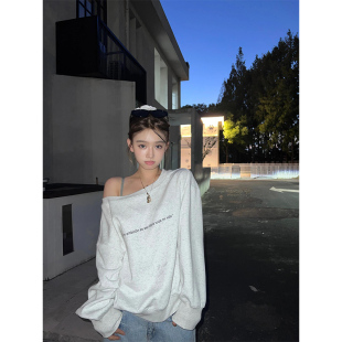 oversize慵懒松弛感长袖 2024新款 上衣 复古潮牌斜肩卫衣女秋季 美式