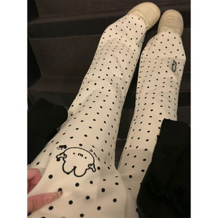 可爱宅萌系波点微喇休闲裤女秋冬加绒休闲百搭白色运动阔腿裤卫裤