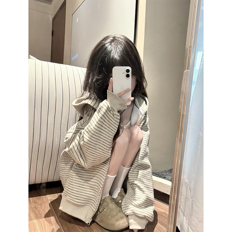 美式复古韩系氛围感条纹卫衣外套
