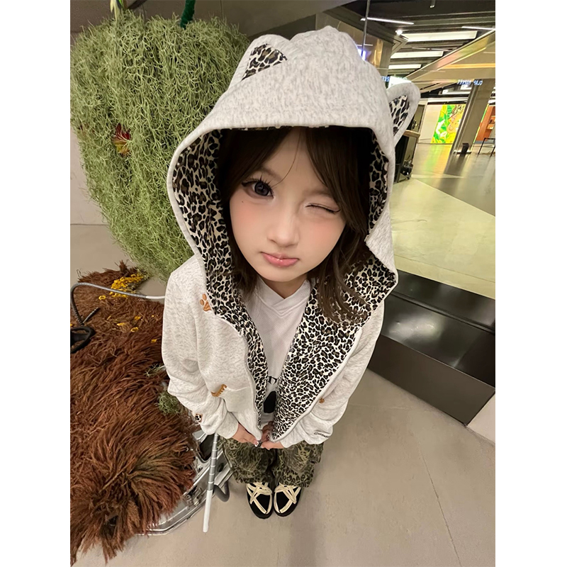 美式复古豹纹刺绣拉链连帽卫衣女