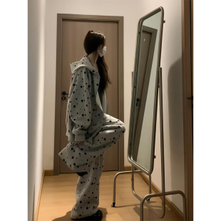 美式 两件套 复古兔耳朵星星满印套装 女秋冬宽松休闲连帽卫衣阔腿裤