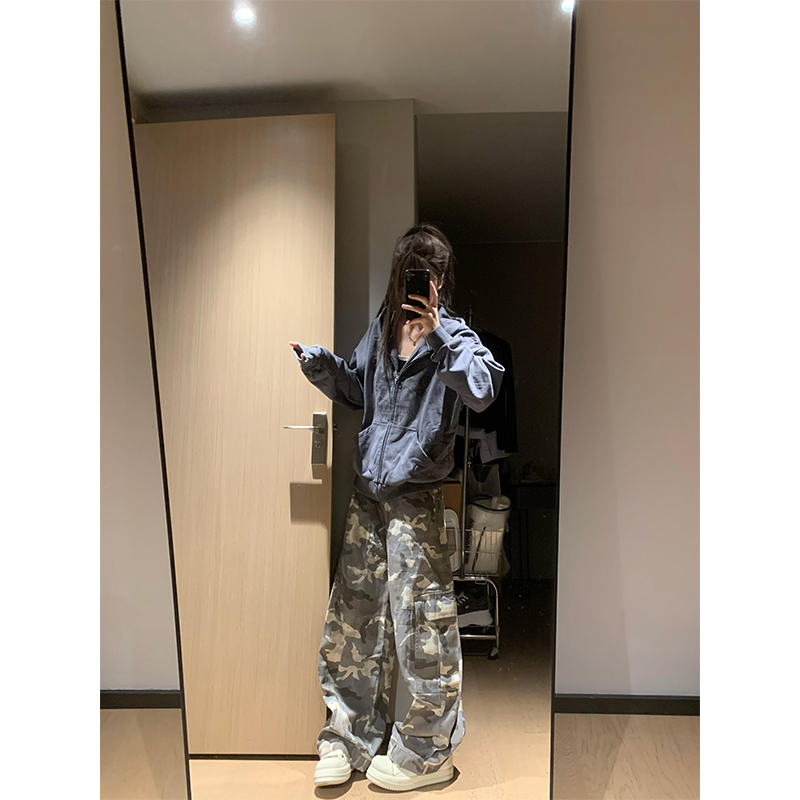 美式复古高街印花开衫连帽卫衣女