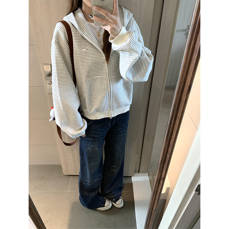 韩系氛围感条纹开衫连帽卫衣女秋季新款小个子慵懒风休闲百搭外套