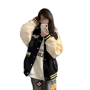 美式插肩撞色飞行员夹克外套女春秋季2024新款宽松潮牌情侣棒球服