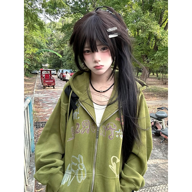 美式复古橄榄绿双拉链连帽卫衣女春秋设计感涂鸦印花宽松开衫外套