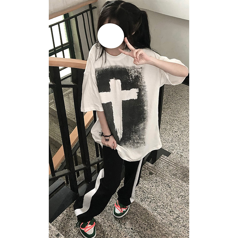 欧美国潮牌ins高街十字架短袖t恤女夏宽松小众原宿风chic港味上衣