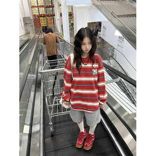 美式复古红色条纹小狗贴布绣长袖t恤女秋季休闲宽松显瘦慵懒上衣