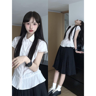 甜美少女感条纹翻领粉色短袖 学院风收腰显瘦百搭衬衣潮 衬衫 女夏季