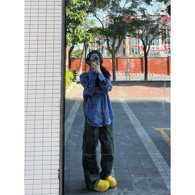 韩系复古蓝色格子衬衫女夏季新款