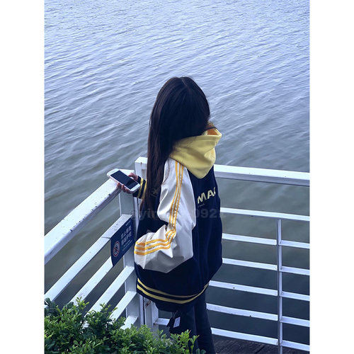 美式复古条纹撞色棒球服女春秋季