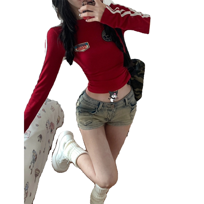 美式复古条纹红色长袖t恤女春秋